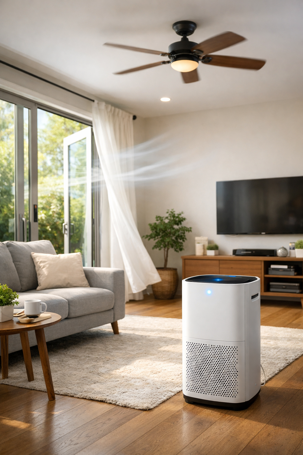 Indoor Air Quality Improvement in a modern living room with ventilation methods and air purifier