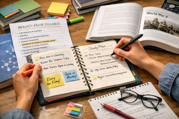 Student creating a study timetable with books and study materials on a desk