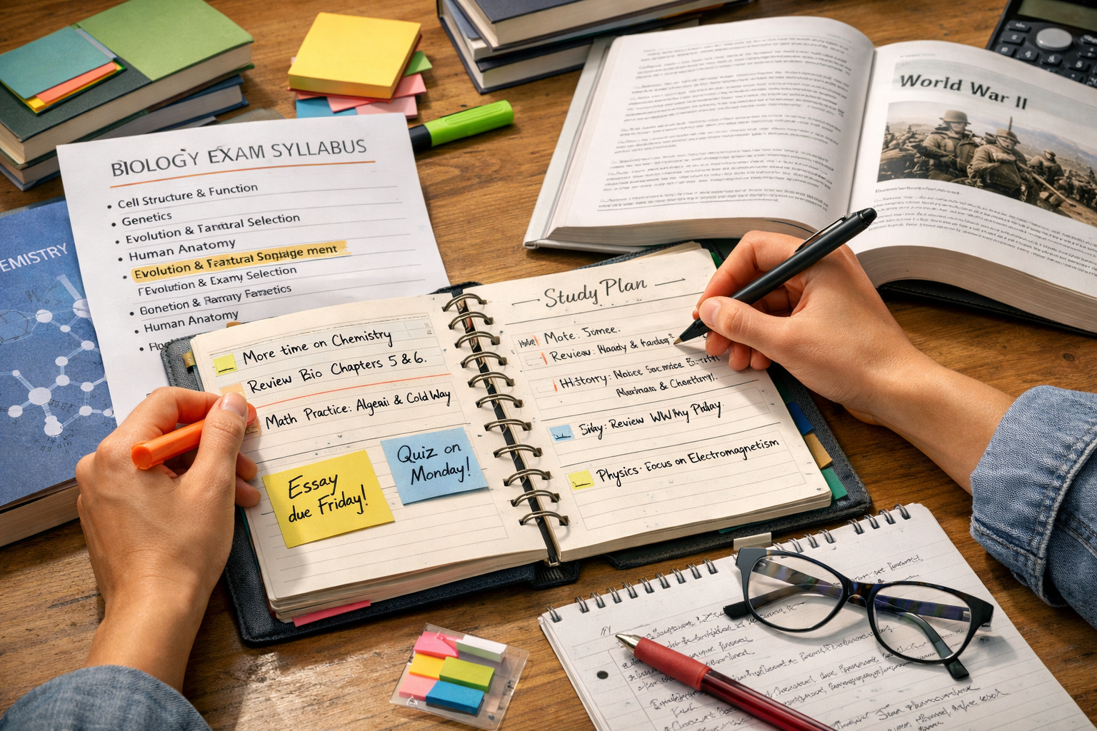 How to Create a Study Timetable That Actually Improves Exam Performance 5 Student creating a study timetable with books and study materials on a desk