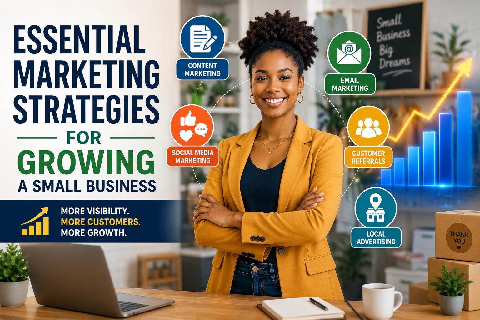 Essential Marketing Strategies for Growing a Small Business illustrated with content marketing, social media, email marketing, referrals, and local advertising driving business growth.