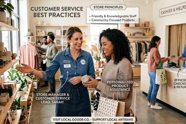 Customer Service Best Practices for Small Businesses illustrated by a friendly business owner helping satisfied customers in a modern retail store.
