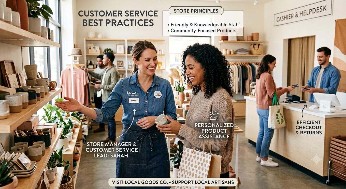 Customer Service Best Practices for Small Businesses illustrated by a friendly business owner helping satisfied customers in a modern retail store.