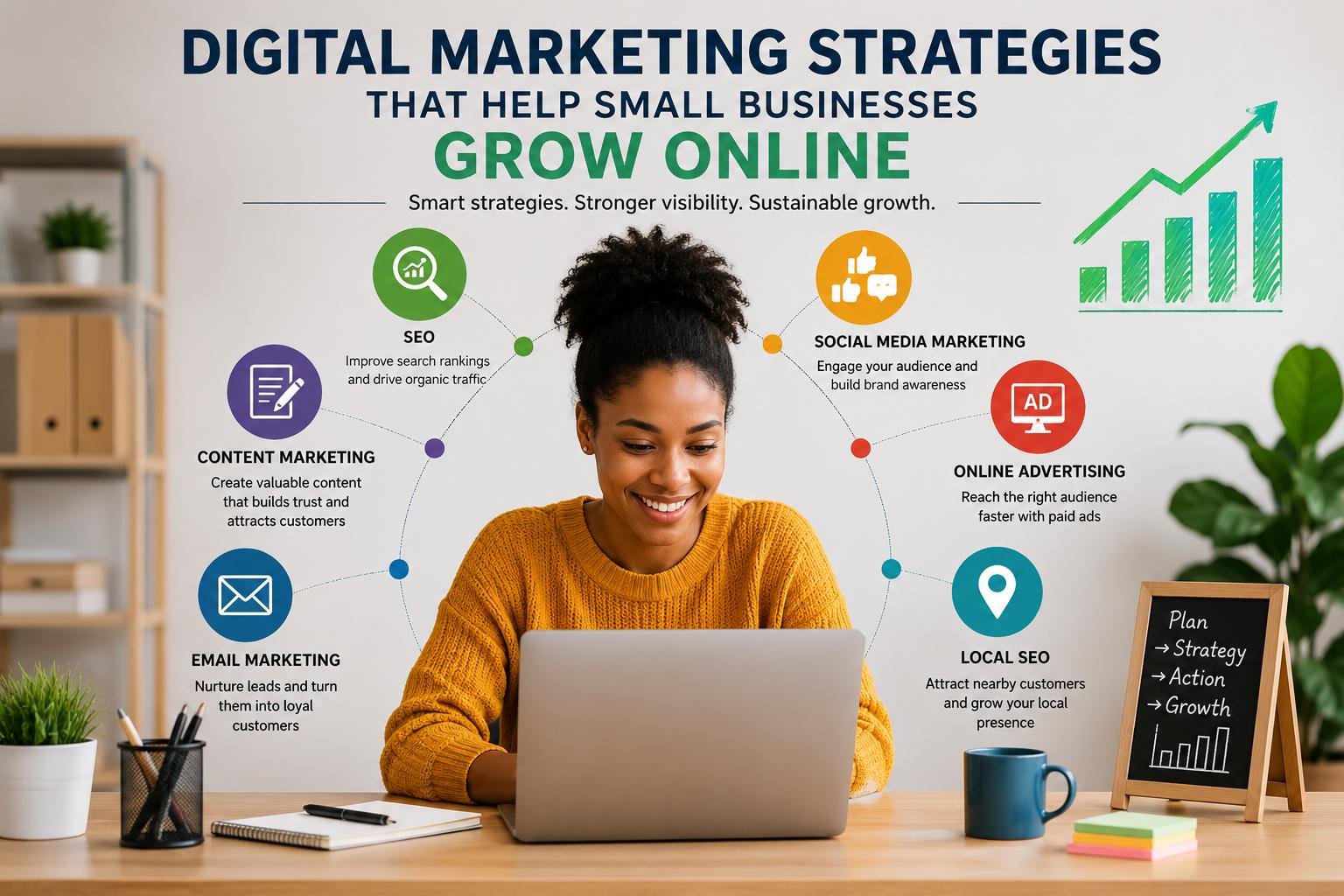 Digital Marketing Strategies That Help Small Businesses Grow Online 3 Digital marketing strategies for small businesses helping a business owner grow online