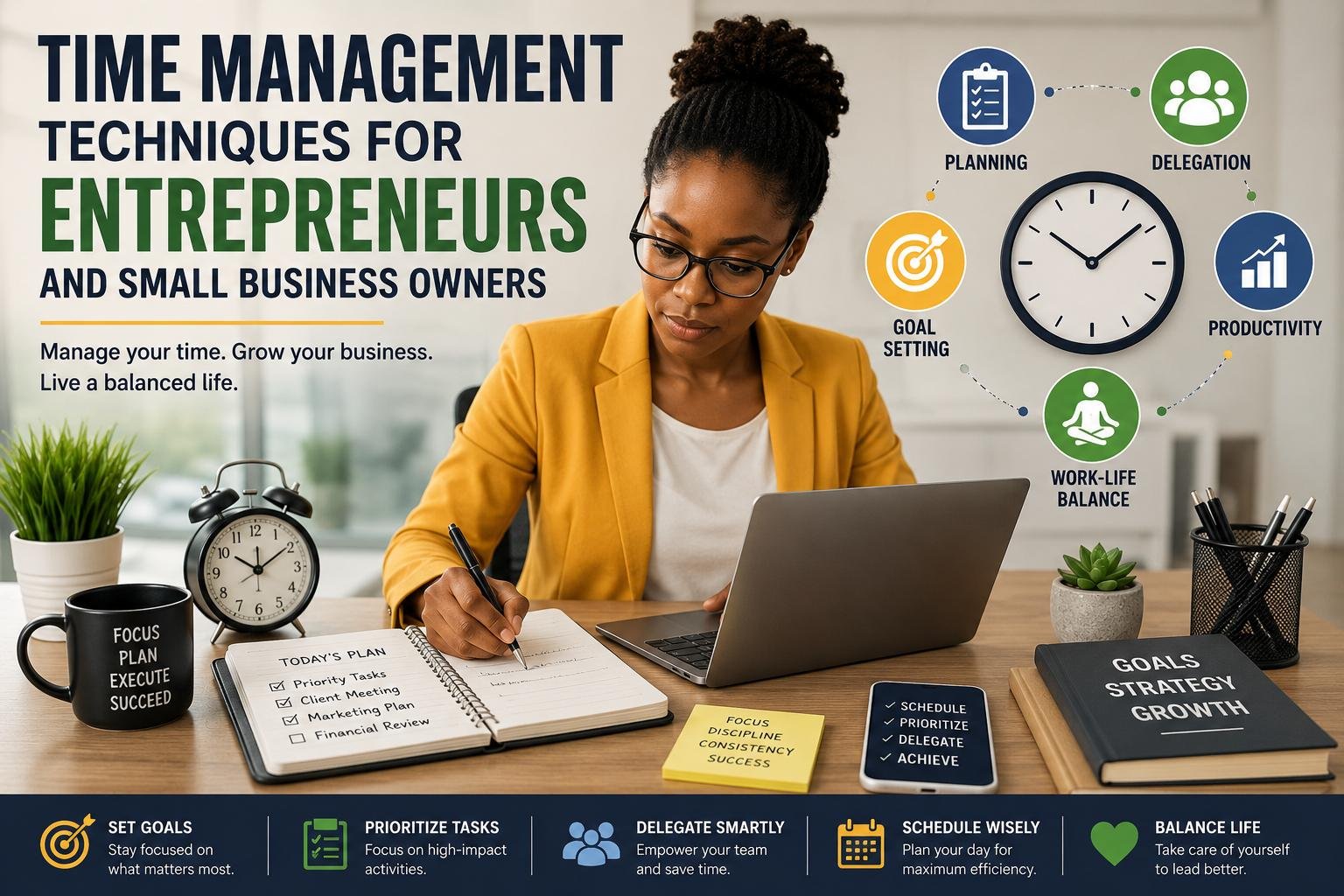 Time Management Techniques for Entrepreneurs and Small Business Owners 2 Time Management Techniques for Entrepreneurs illustrated with a business owner organizing tasks using digital tools and a planner.