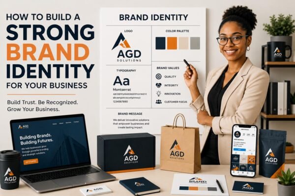 Strong brand identity elements including logo, brand colors, messaging, and visual branding for business growth