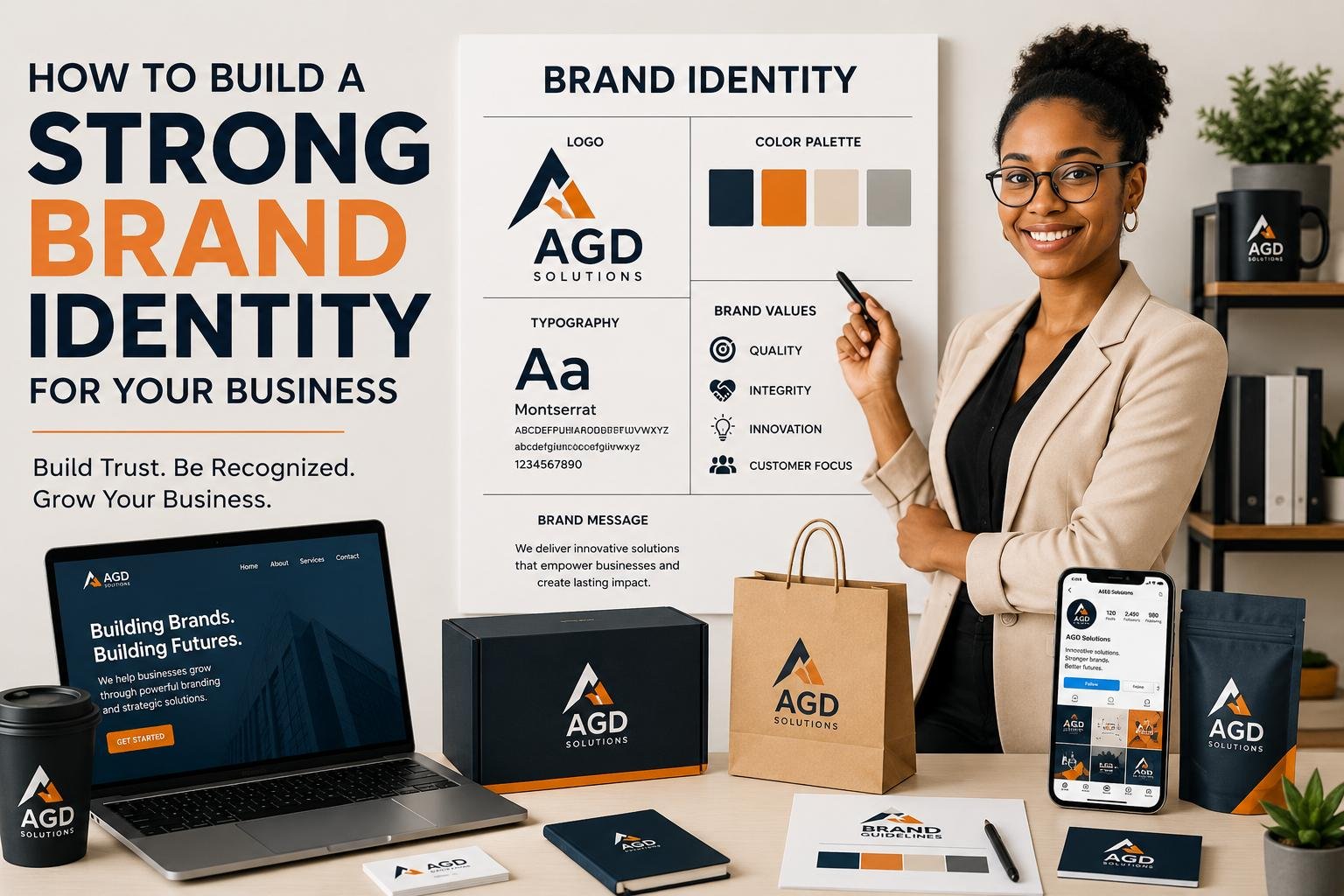 How to Build a Strong Brand Identity for Your Business 3 Strong brand identity elements including logo, brand colors, messaging, and visual branding for business growth