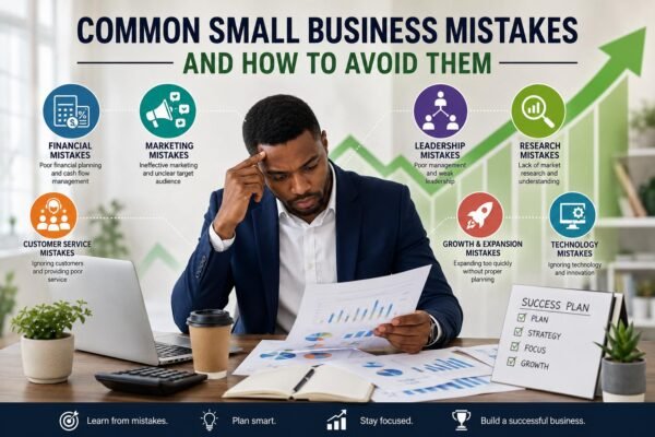Common Small Business Mistakes and How to Avoid Them illustrated through financial planning, marketing, and leadership challenges
