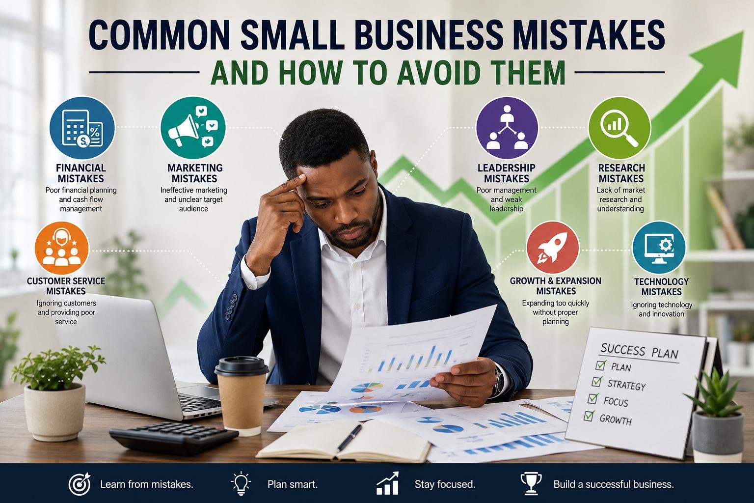 Common Small Business Mistakes and How to Avoid Them illustrated through financial planning, marketing, and leadership challenges