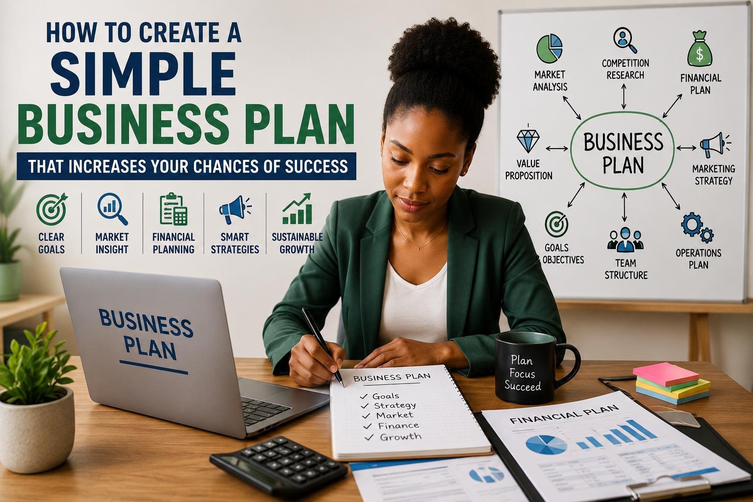 Entrepreneur creating a simple business plan to improve business success through financial planning, market analysis, and strategy.