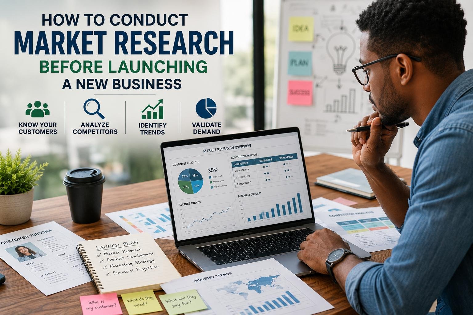 How to Conduct Market Research Before Launching a New Business - entrepreneur analyzing market data before starting a company