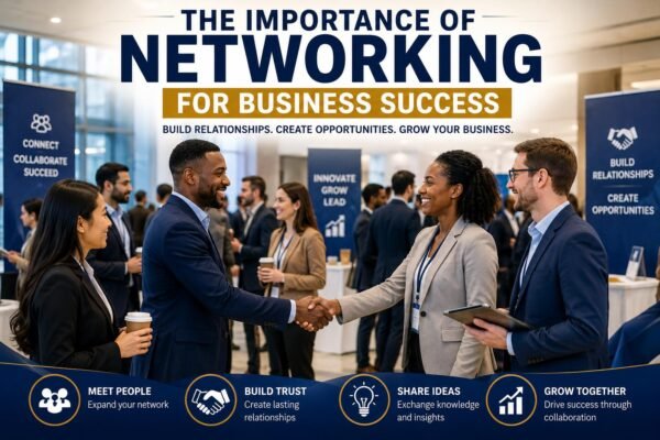 Importance of Networking for Business Success showing entrepreneurs building professional relationships at a networking event