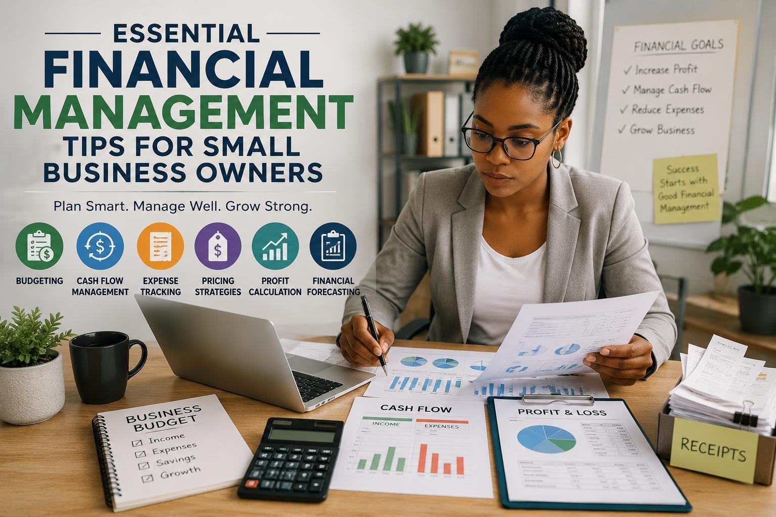 Financial Management Tips for Small Business Owners: entrepreneur reviewing budgets, cash flow reports, and financial data for business growth.