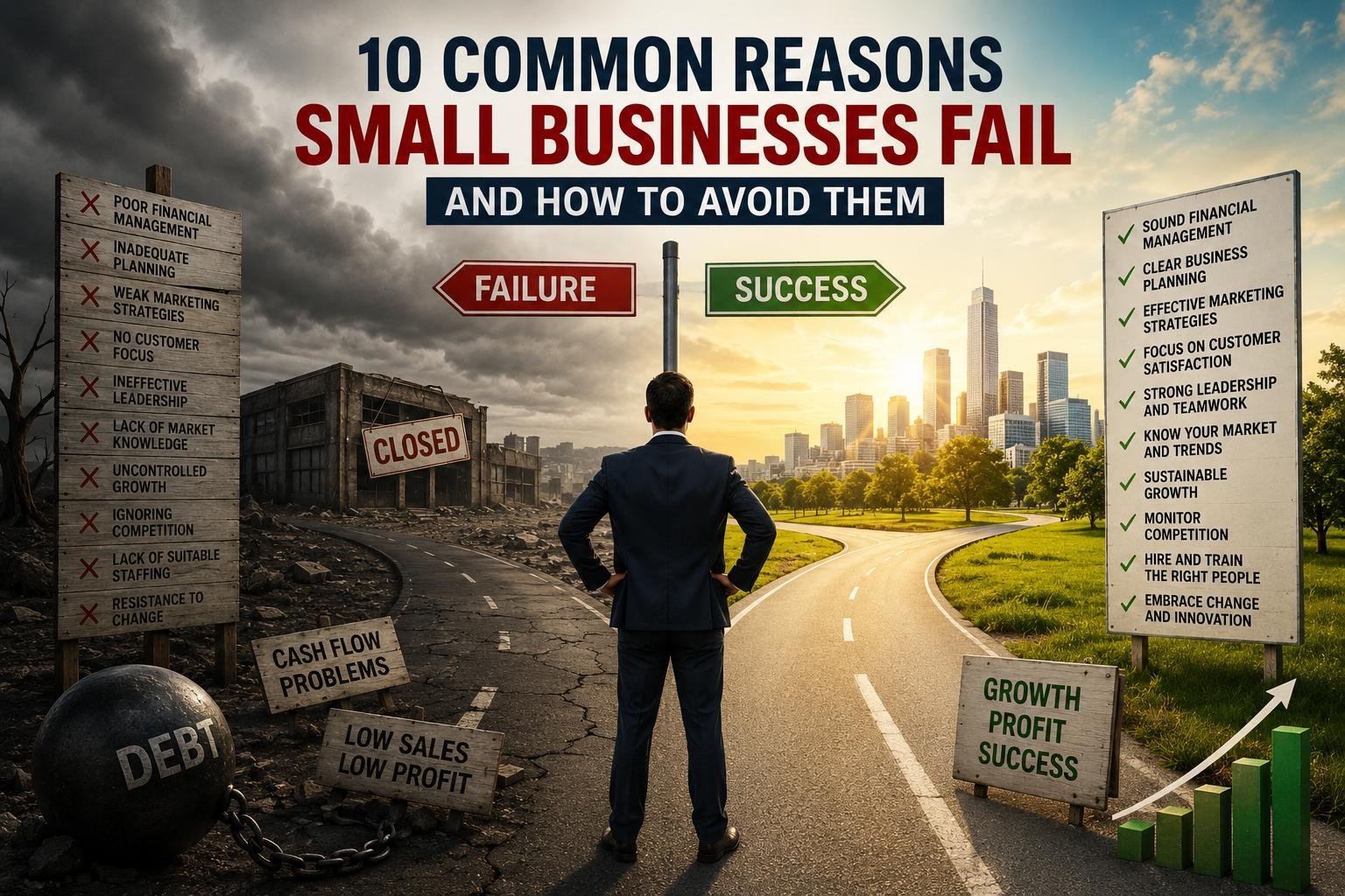 10 Common Reasons Small Businesses Fail and How to Avoid Them 3 Small business failure reasons illustrated by an entrepreneur choosing between business failure and business success paths.
