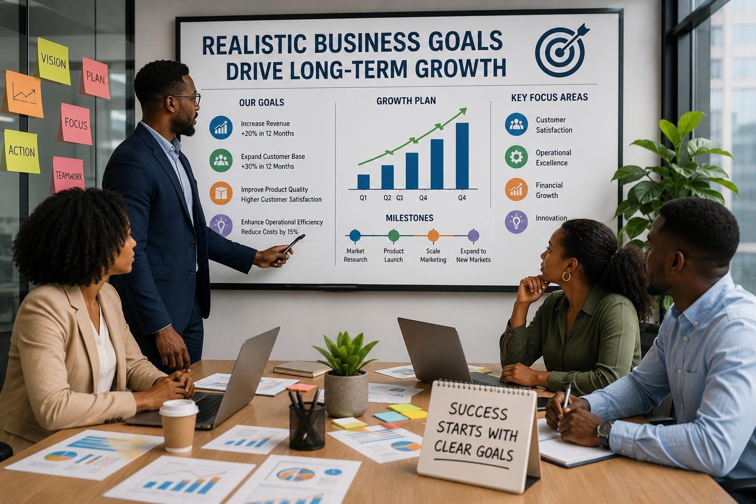 How to Set Realistic Business Goals That Drive Long-Term Growth 2 Realistic business goals planning session for long-term business growth.