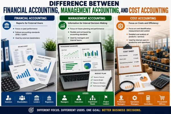 Difference between Financial Accounting, Management Accounting, and Cost Accounting illustrated through reports, planning dashboards, and cost analysis tools