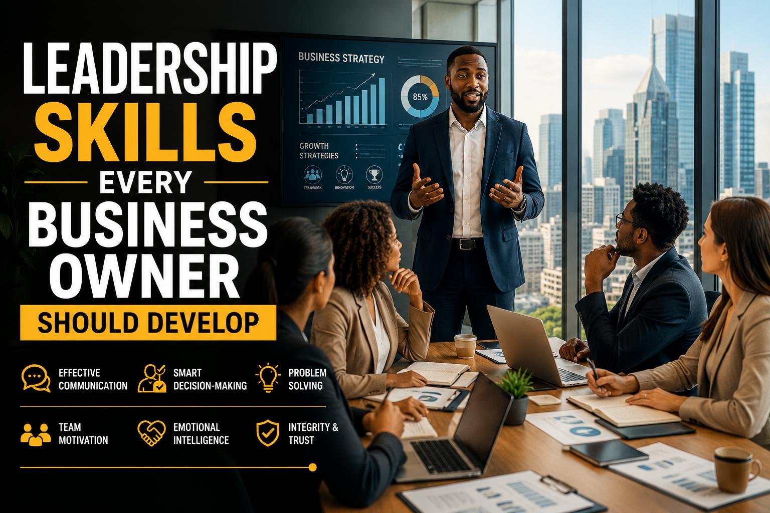 Leadership Skills Every Business Owner Should Develop 2 Leadership Skills Every Business Owner guiding a motivated team toward business success