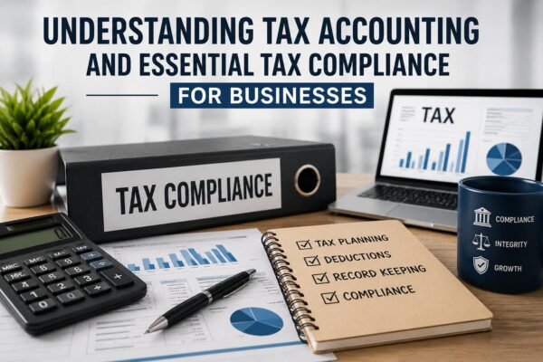 Tax Accounting and Tax Compliance for Businesses illustration showing accountants reviewing financial records and tax documents.