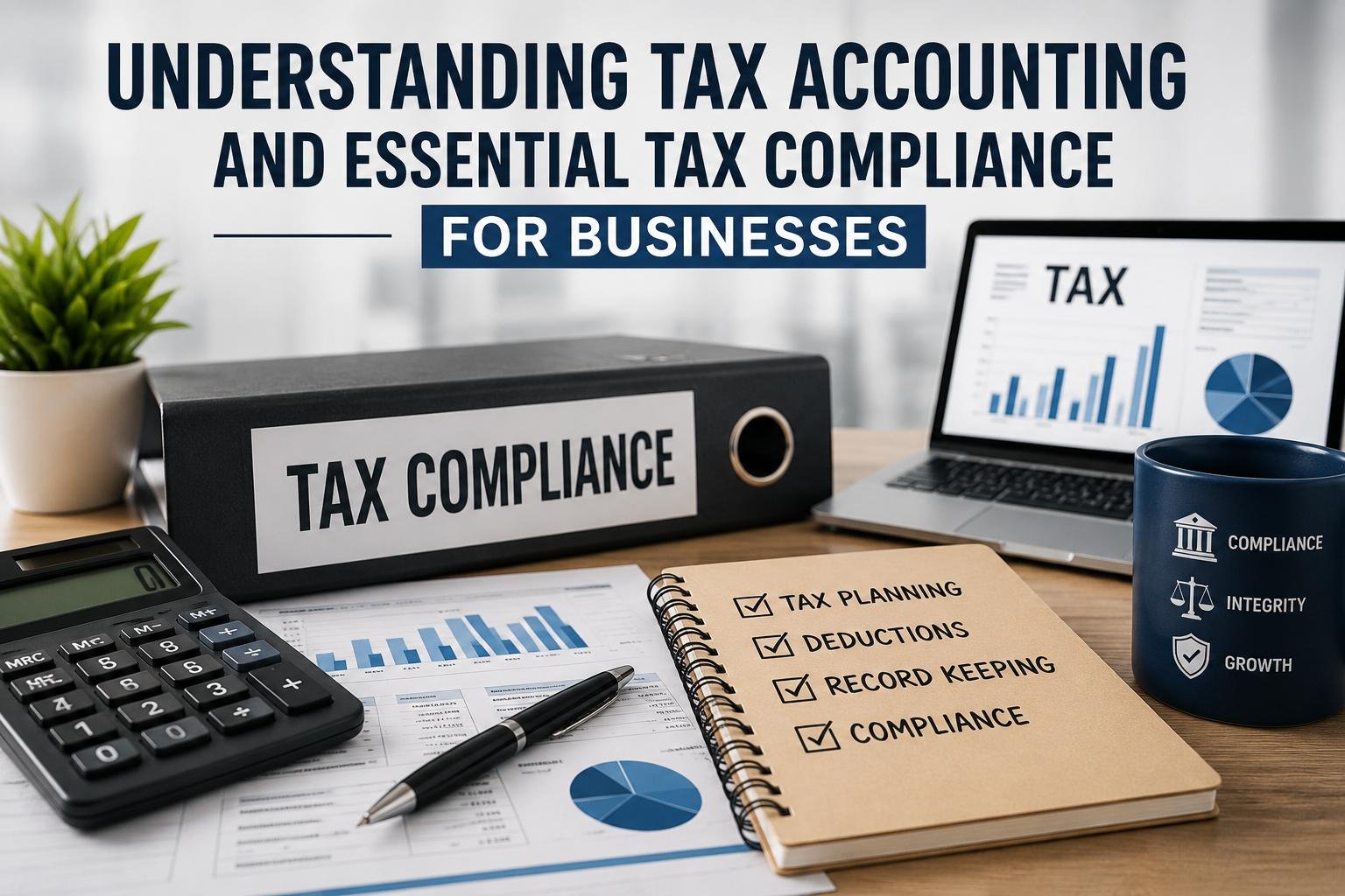 Tax Accounting and Tax Compliance for Businesses illustration showing accountants reviewing financial records and tax documents.