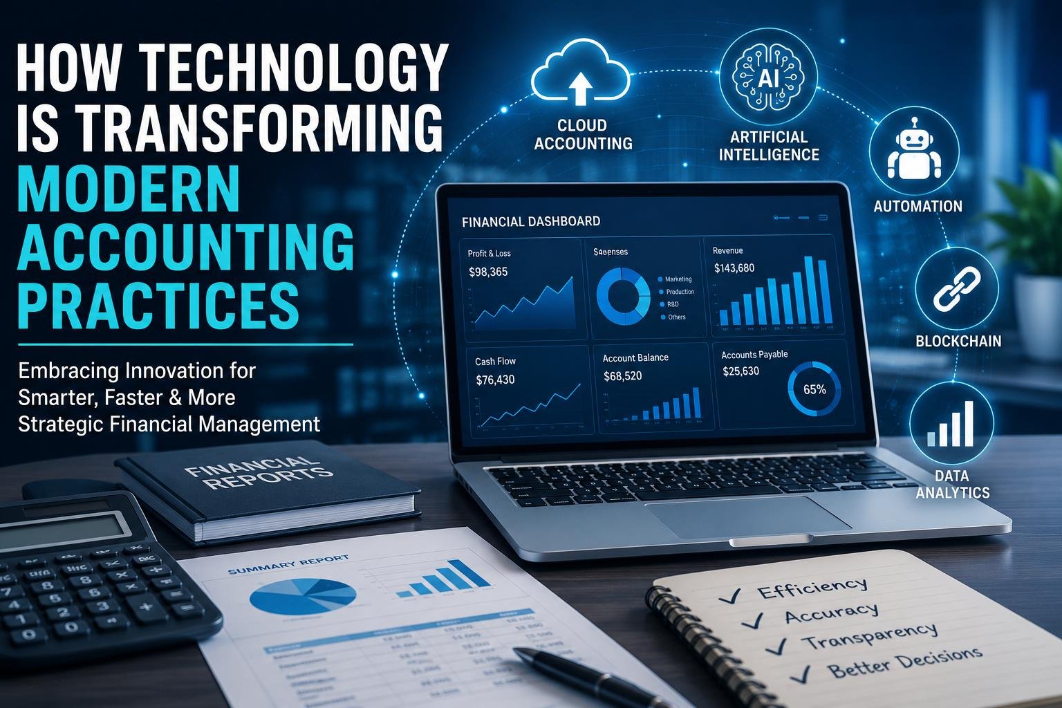 Technology transforming modern accounting practices through AI, cloud accounting, and automation tools
