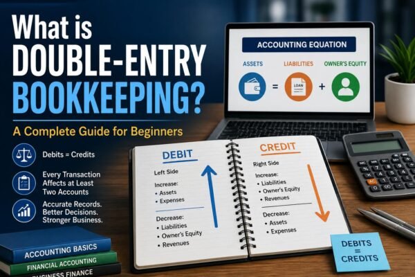 Double-Entry Bookkeeping illustrated with debits, credits, and balanced accounts