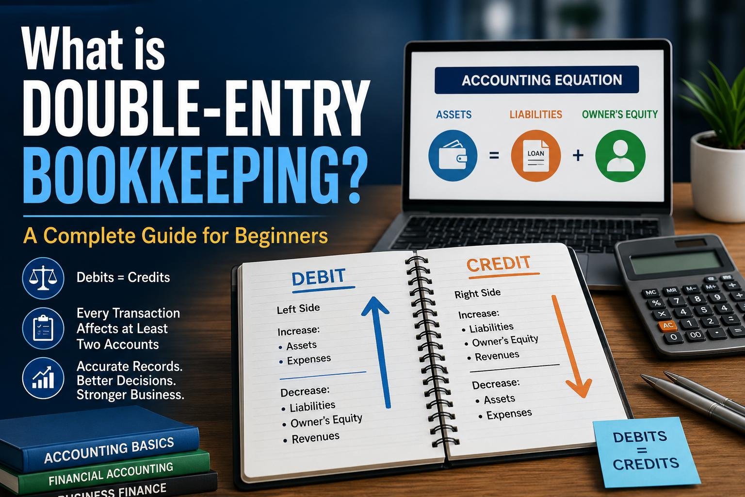 Double-Entry Bookkeeping illustrated with debits, credits, and balanced accounts