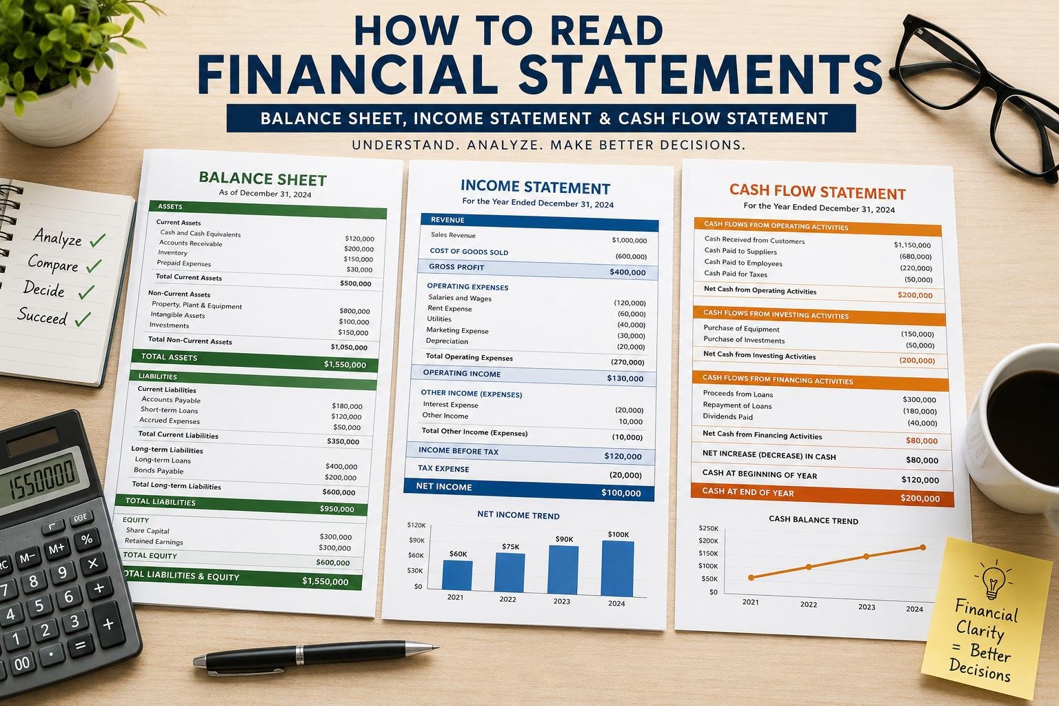 How to Read Financial Statements using a balance sheet, income statement, and cash flow statement to evaluate business performance