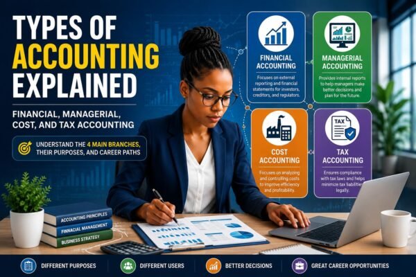 Types of Accounting Explained showing financial, managerial, cost, and tax accounting