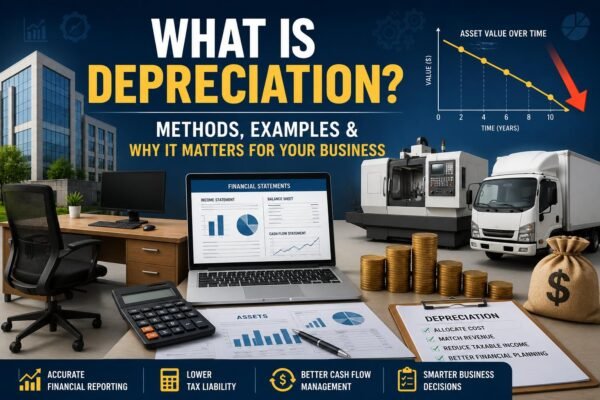 What is Depreciation illustrated with business assets including machinery, vehicles, computers, and financial reports showing asset value over time.