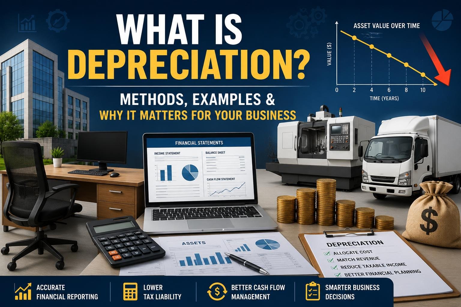 What is Depreciation? Methods, Examples, and Why It Matters for Your Business 2 What is Depreciation illustrated with business assets including machinery, vehicles, computers, and financial reports showing asset value over time.