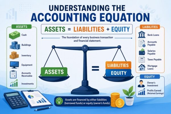 Understanding the Accounting Equation showing Assets = Liabilities + Equity with financial icons.