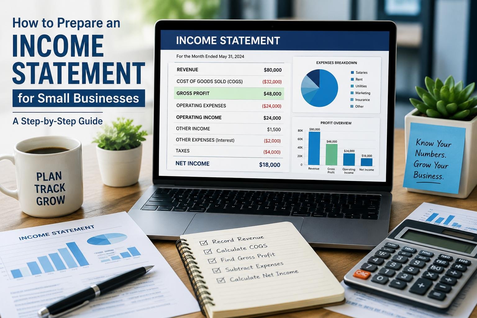 How to Prepare an Income Statement for Small Businesses: A Step-by-Step Guide 3 How to Prepare an Income Statement for Small Businesses – business owner reviewing an income statement with financial reports, calculator, and profit analysis