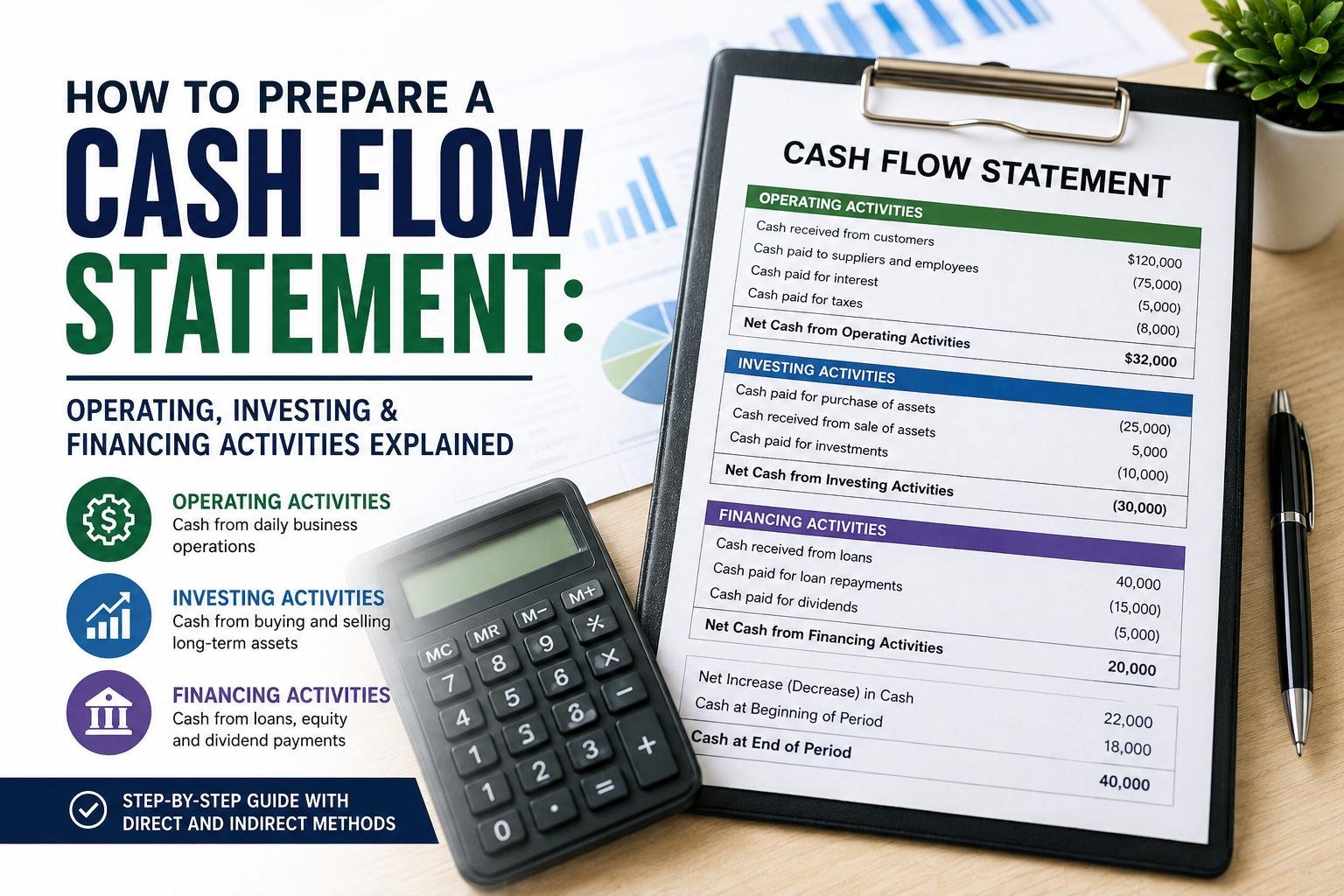 How to Prepare a Cash Flow Statement: Operating, Investing and Financing Activities Explained 4 How to Prepare a Cash Flow Statement showing operating, investing and financing activities