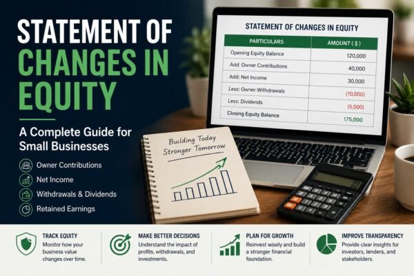 Statement of Changes in Equity guide showing owner contributions, retained earnings, dividends, and equity changes for small businesses