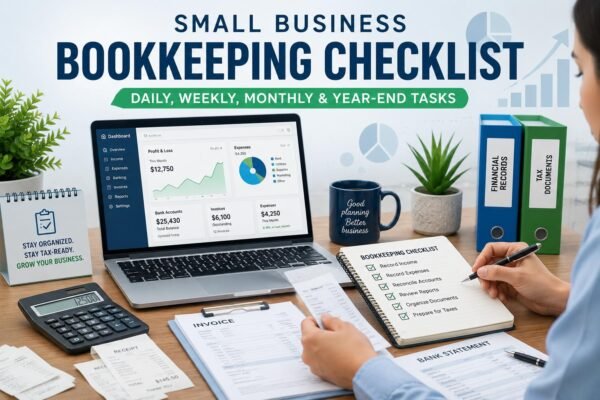 Small Business Bookkeeping Checklist with daily, weekly, monthly and year-end bookkeeping tasks