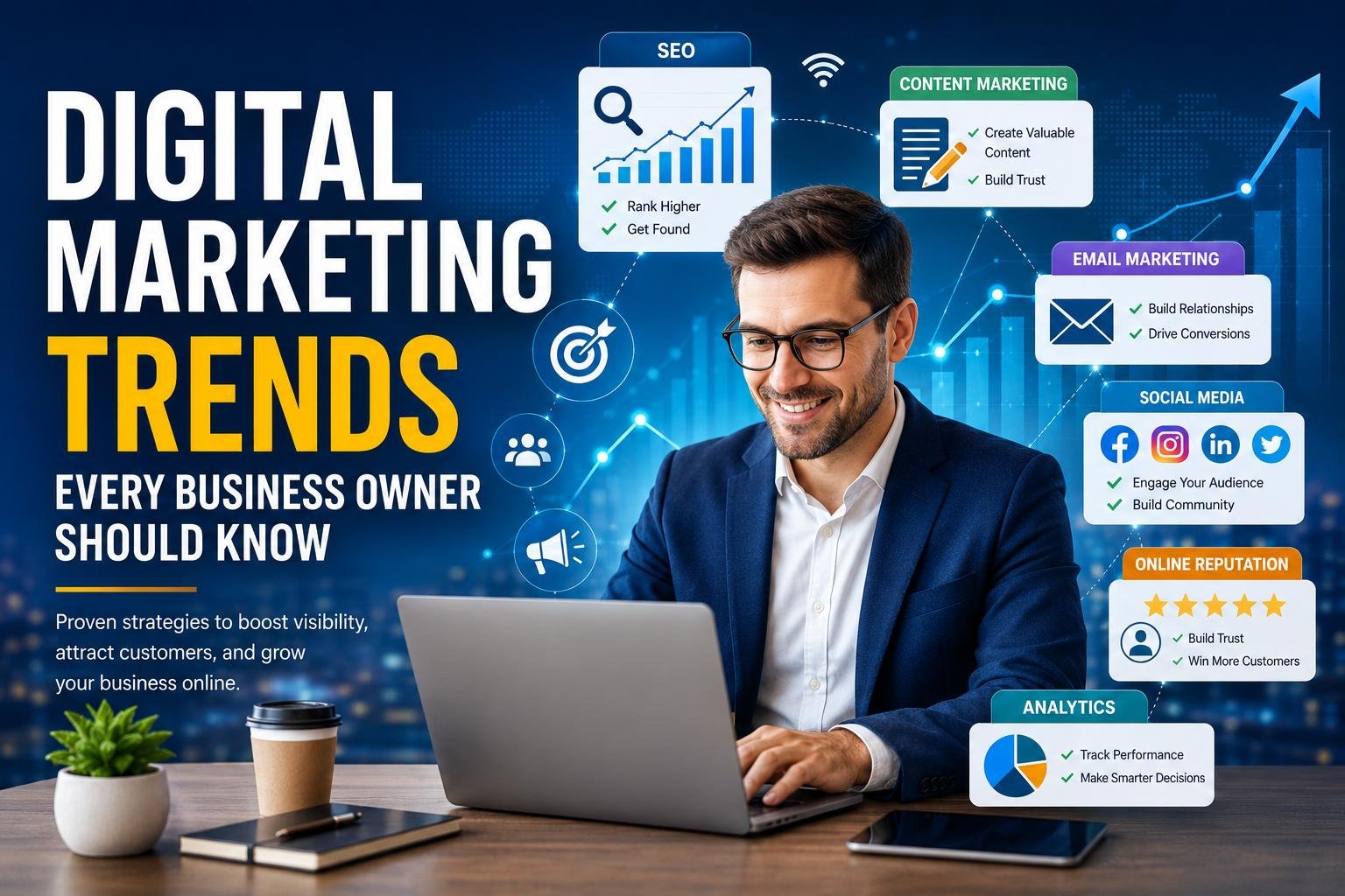 Digital Marketing Trends every business owner should know to grow through SEO, content marketing, email marketing, and social media