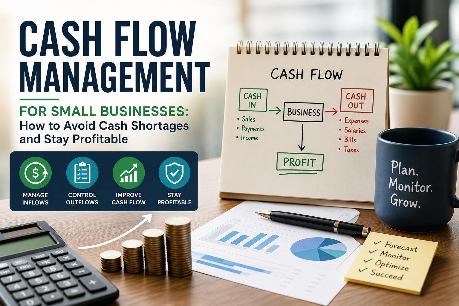 Cash Flow Management for Small Businesses dashboard showing cash inflows, expenses, and financial planning