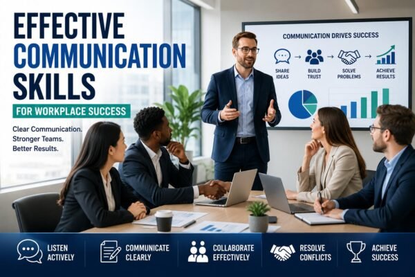 Effective Communication Skills for Workplace Success illustrated by business professionals collaborating in a modern office.