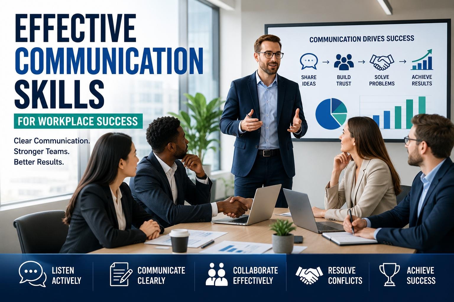 Effective Communication Skills for Workplace Success 4 Effective Communication Skills for Workplace Success illustrated by business professionals collaborating in a modern office.