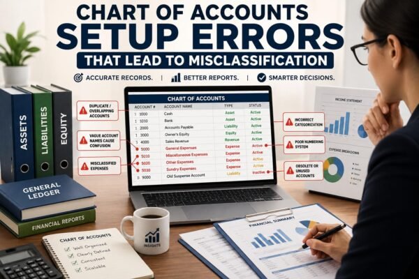 Chart of Accounts Setup Errors illustrated with a financial dashboard showing account misclassification and organized bookkeeping records