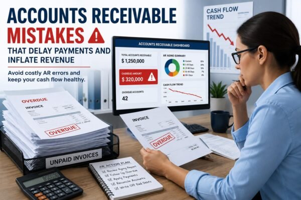 Accounts Receivable Mistakes illustrated with overdue invoices, payment errors, aging reports, and revenue recognition issues affecting cash flow.