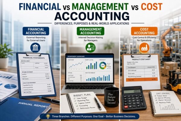 Financial Accounting, Management Accounting and Cost Accounting comparison showing objectives, users, reports, and business applications