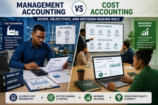 Management Accounting vs Cost Accounting comparison showing scope, objectives, and decision-making role
