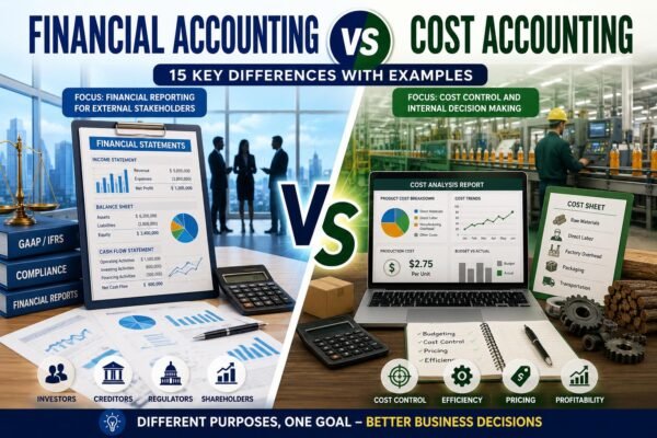 Financial Accounting vs Cost Accounting comparison showing financial reports and production cost analysis