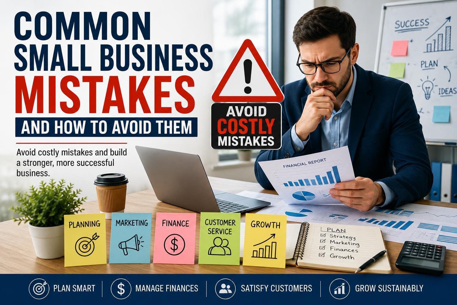 Common Small Business Mistakes: business owner reviewing financial reports and planning strategies to avoid costly mistakes