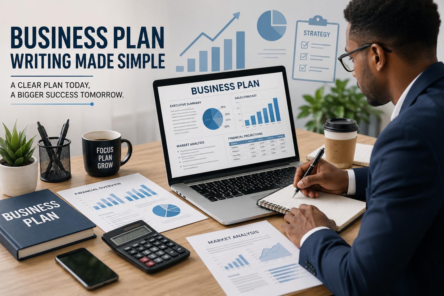 Business Plan Writing Made Simple entrepreneur preparing a professional business plan with financial charts