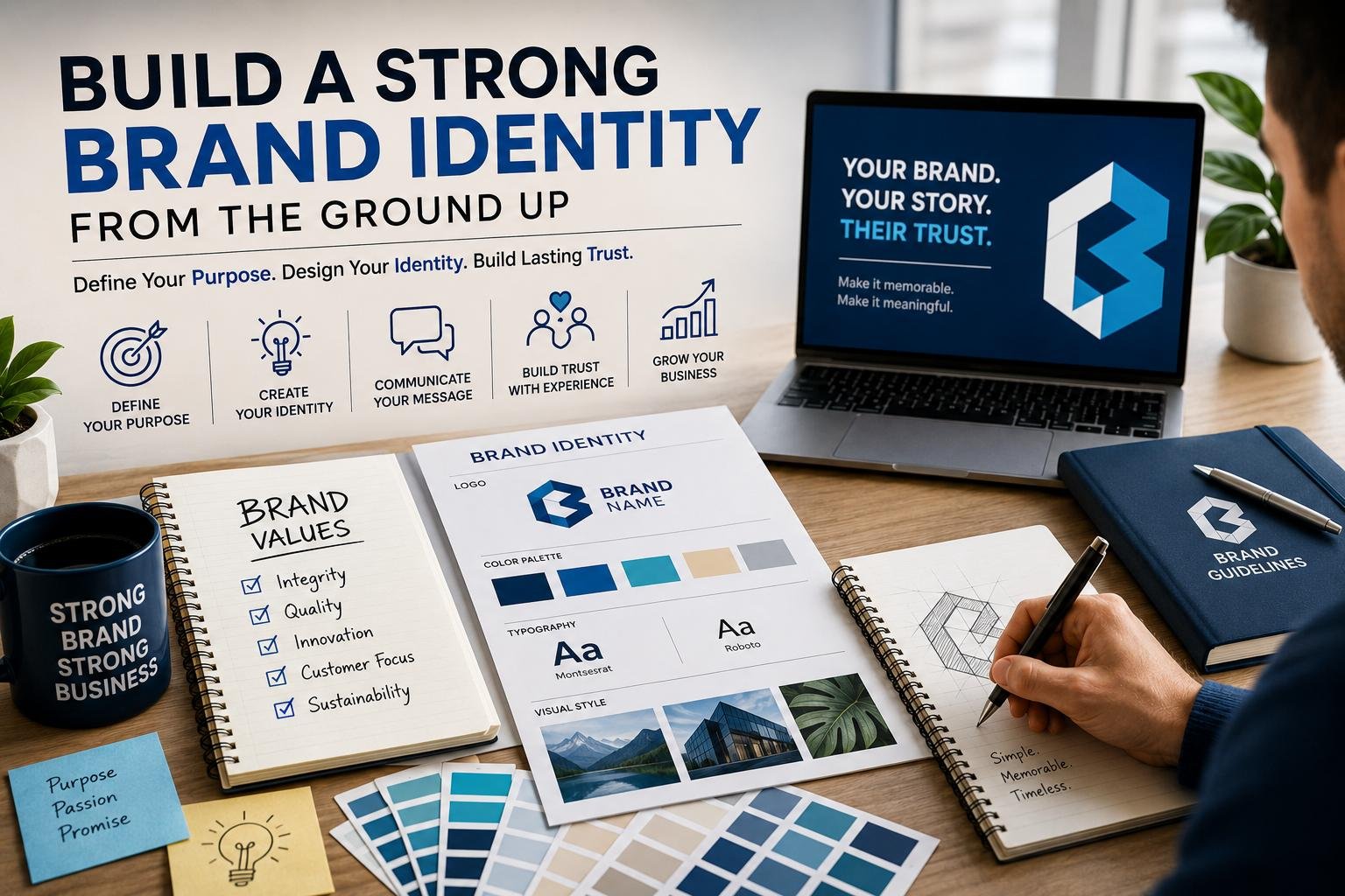 Build a Strong Brand Identity with logo design, brand colors, typography, and brand strategy planning.