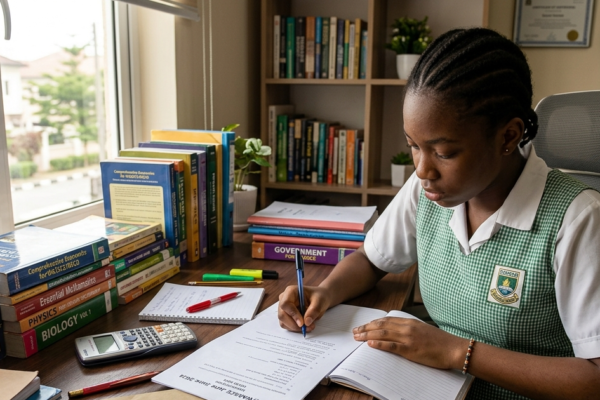 Nigerian student preparing for WAEC and NECO exams using past questions and study materials