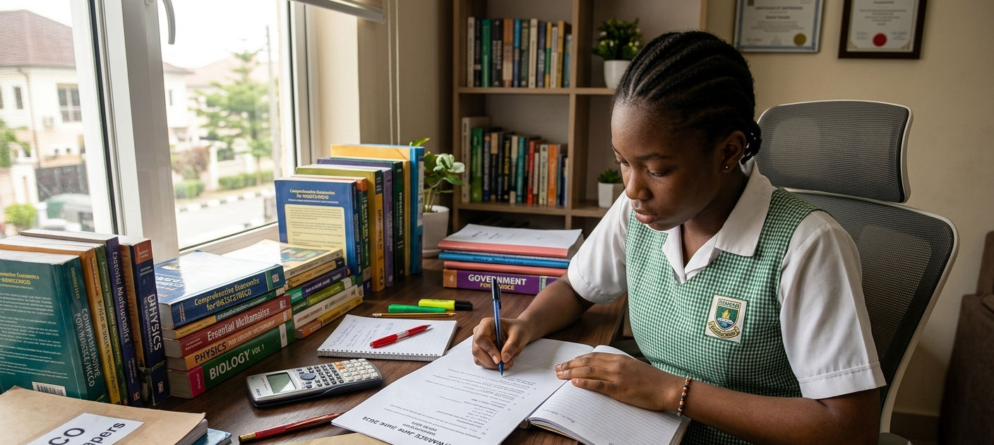 Nigerian student preparing for WAEC and NECO exams using past questions and study materials