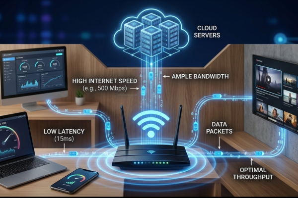 Realistic illustration of a modern network setup showing internet speed, bandwidth, and data flow between connected devices.