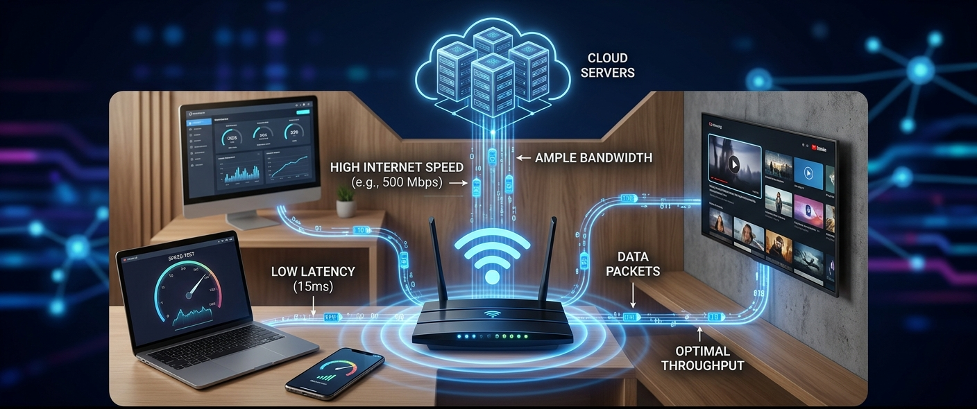 Realistic illustration of a modern network setup showing internet speed, bandwidth, and data flow between connected devices.